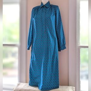 Vintage long blue dress pockets half button long sleeve collar red polkadot Sz 8